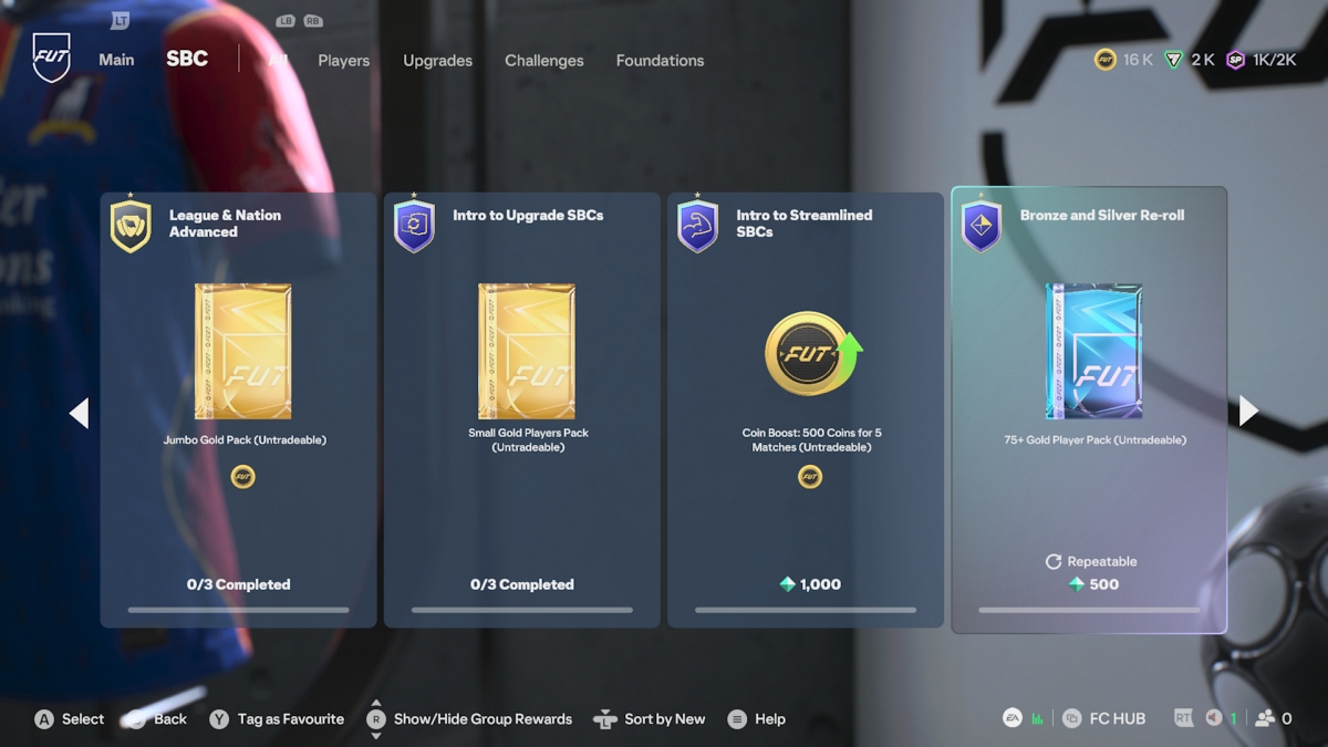 Xbox Series S screenshot of EA Sports FC 27 showing SBC hub screen