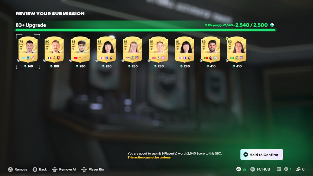 Xbox Series S screenshot of EA Sports FC 27 showing streamlined SBC completion