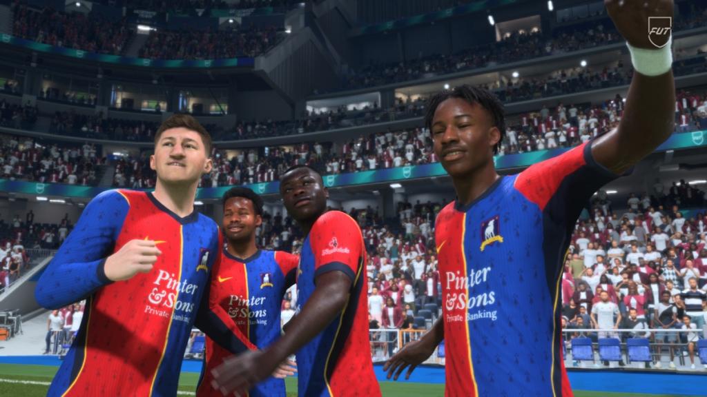 Xbox Series S screenshot of FC 27 showing a team celebration during gameplay
