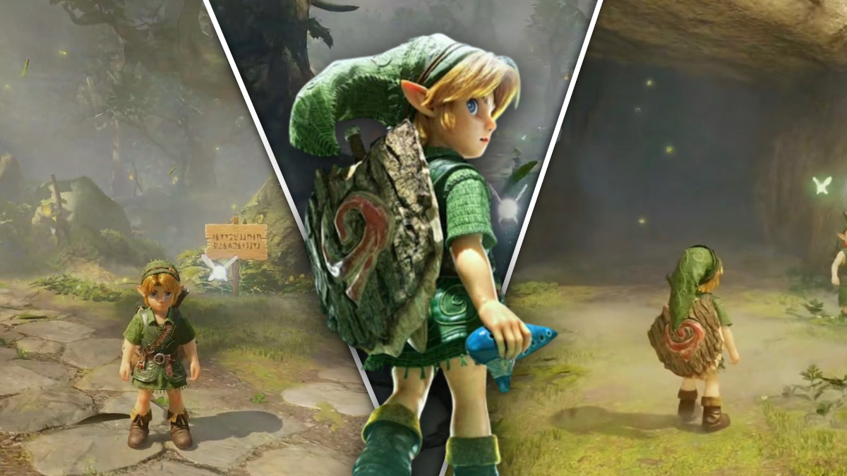The Legend of Zelda: Ocarina of Time Remake gameplay screenshots with Link standing in the middle.