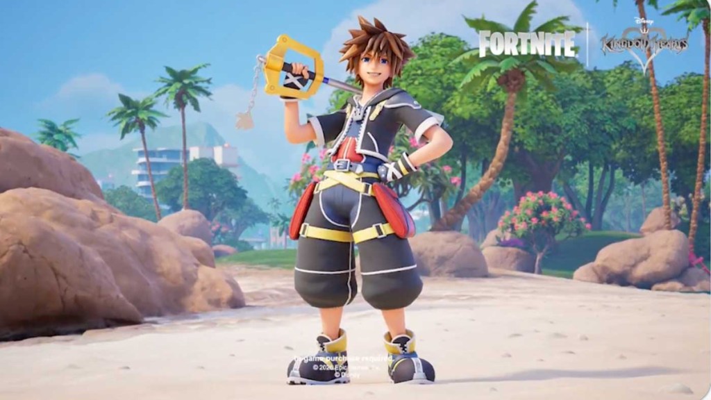 Fortnite Kingdom Hearts collab showcasing the Sora skin in-game.