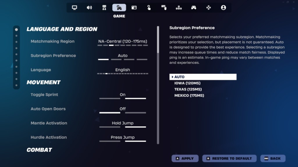 Fortnite Subregion Preference matchmaking feature screenshot.