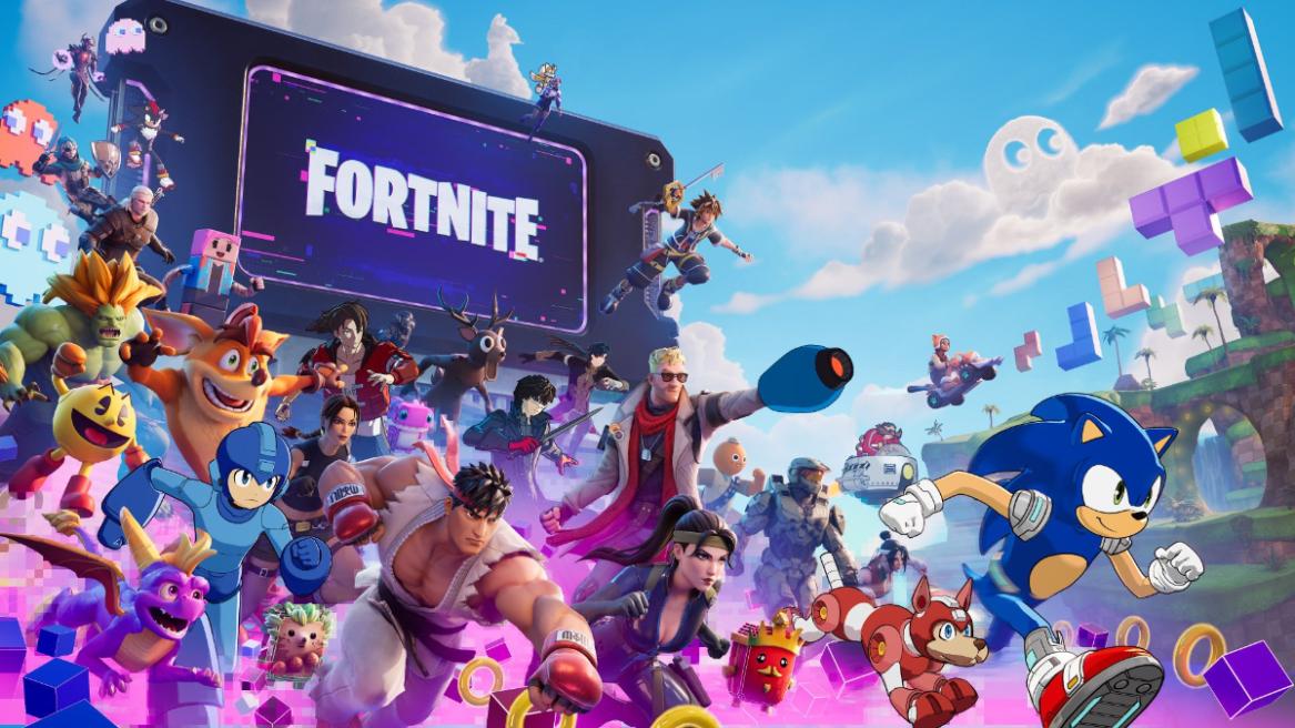 Fortnite C7S4 keyart featuring multiple Gaming Legends including Sonic the Hedgehog, Sora, and more.