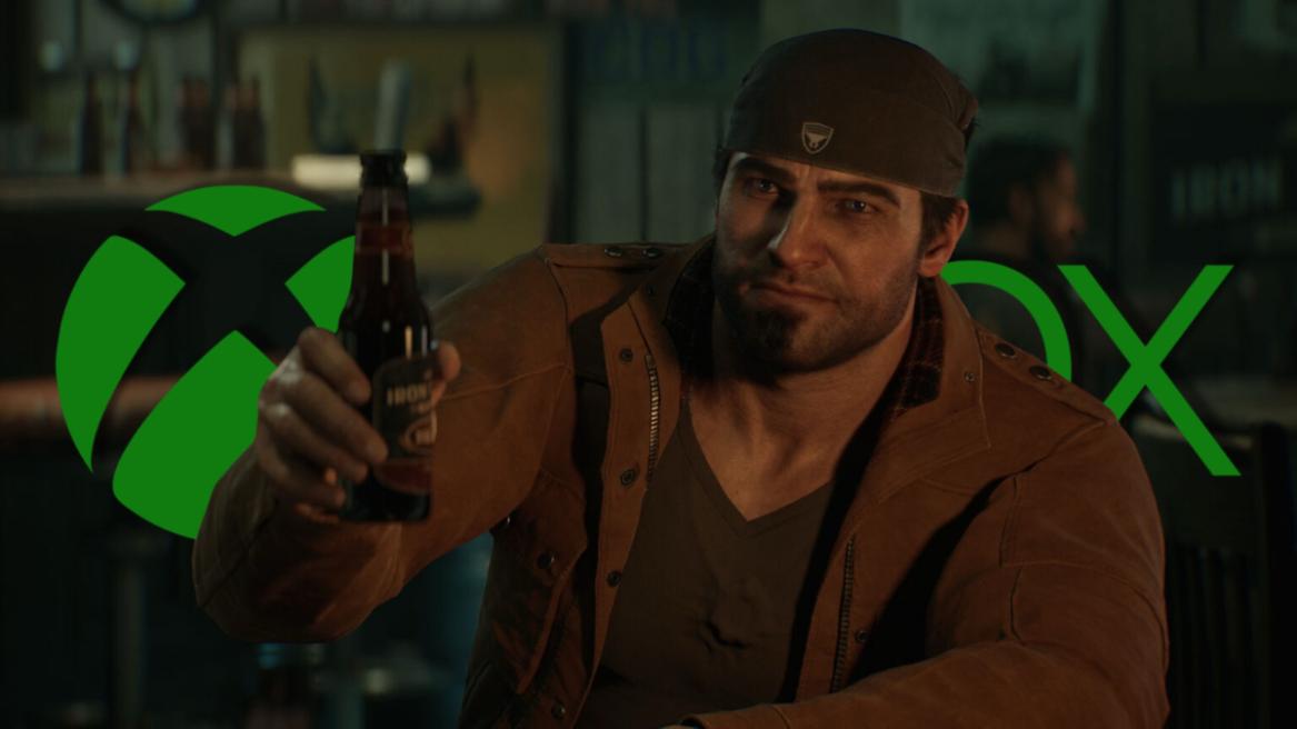 Gears of War E-Day screenshot featuring Marcus drinking a beer with the Xbox logo in the background.