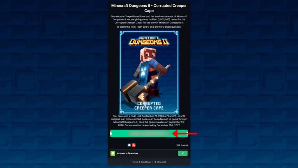 get the code for the minecraft dungeons 2 corrupted creeper cape