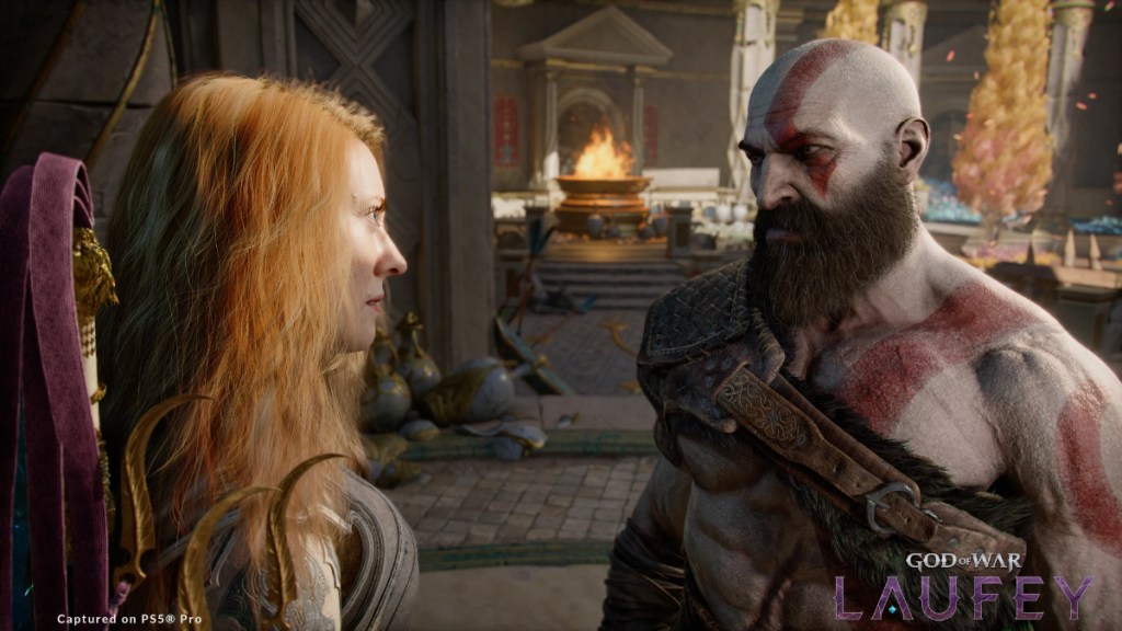 God of War Laufey screenshot with Faye and Kratos meeting each other.