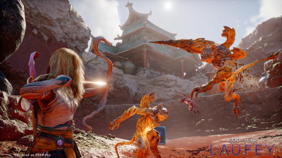 God of War Laufey official image featuring Laufey using the Serpent Bow on enemies in Everywhen.