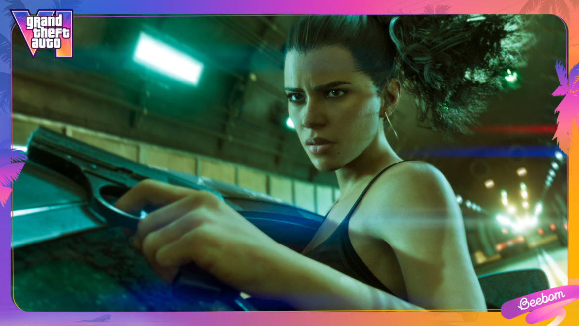 GTA 6 screenshot featuring Lucia in a car with a pistol.