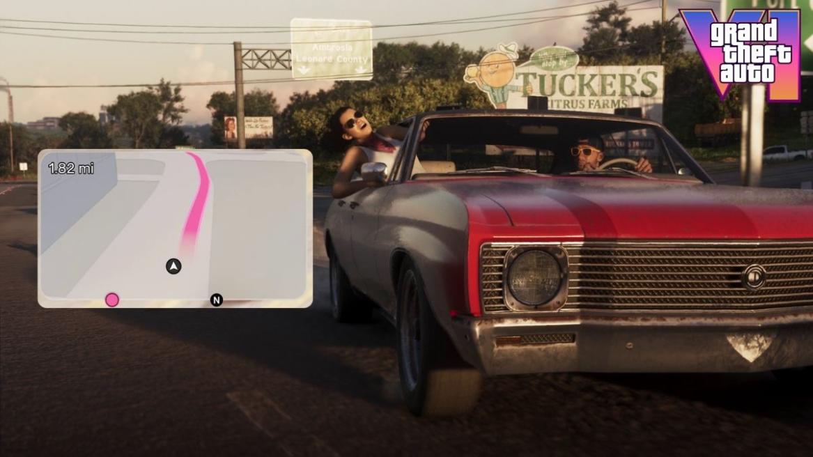 GTA 6 Minimap with Lucia and Jason driving a red car