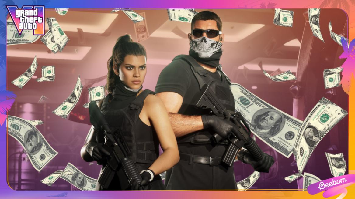 Lucia and Jason in tactical gear inside a bank vault with cash flying around in GTA 6.