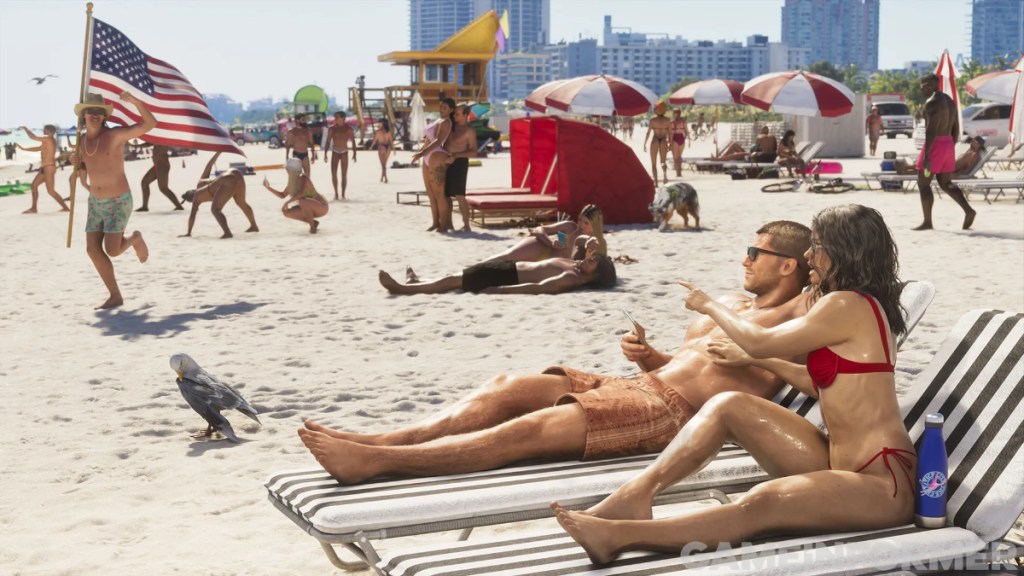 Jason and Lucia chilling on the Vice Beach in GTA 6.