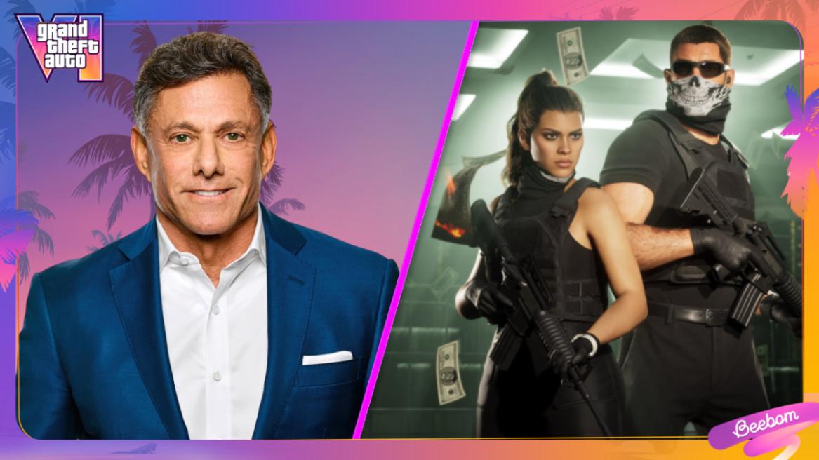 Strauss Zelnick on a GTA 6 background (left), Lucia and Jason in GTA 6 (right).