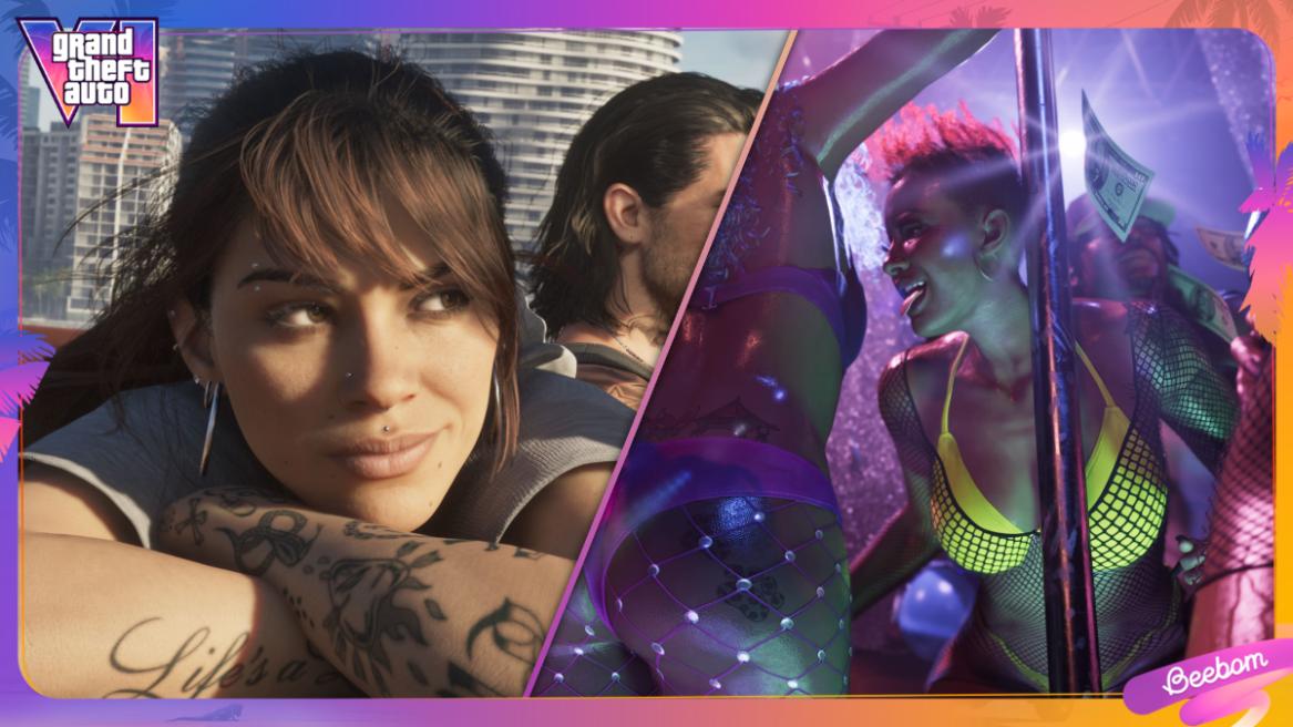 Lucia and Jason in GTA 6 (left) a stripper pole-dancing in a strip club in GTA 6 (right).