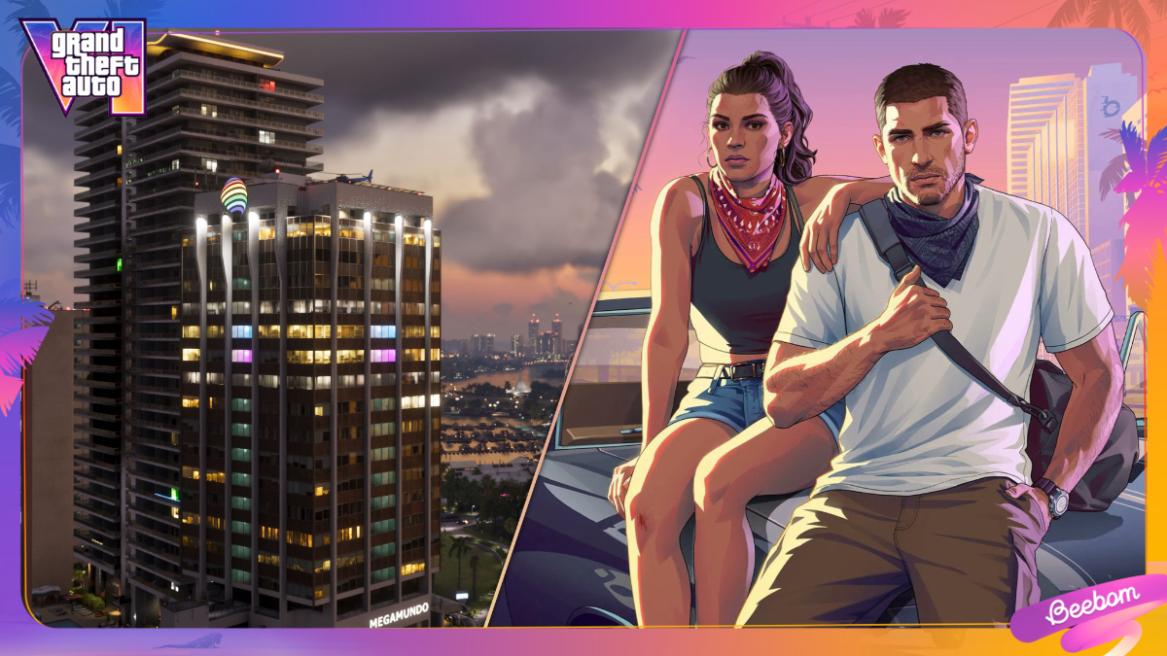 Buildings in Vice City (left), Jason and Lucia on the GTA 6 The Album cover (right).