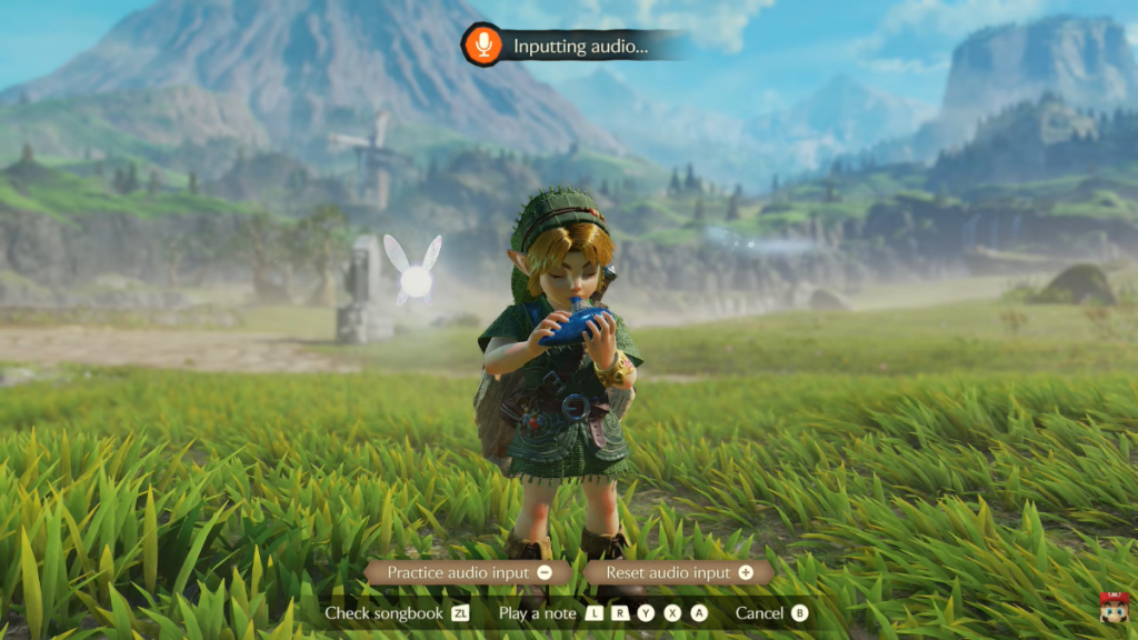 Humming into the Ocarina via the built-in Switch 2 microphone in The Legend of Zelda: Ocarina of Time Remake gameplay reveal.