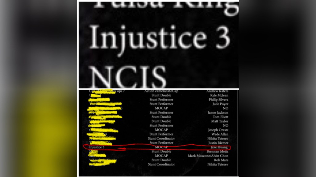 Stunt performer's resume listing Injustice 3.