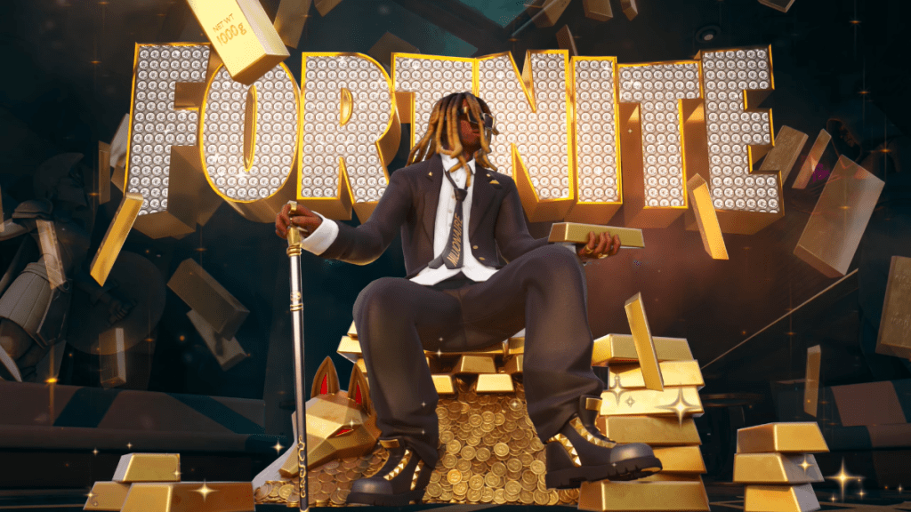 Lil Wayne sitting on gold with the Fortnite logo in the background in Fortnite C7S4.