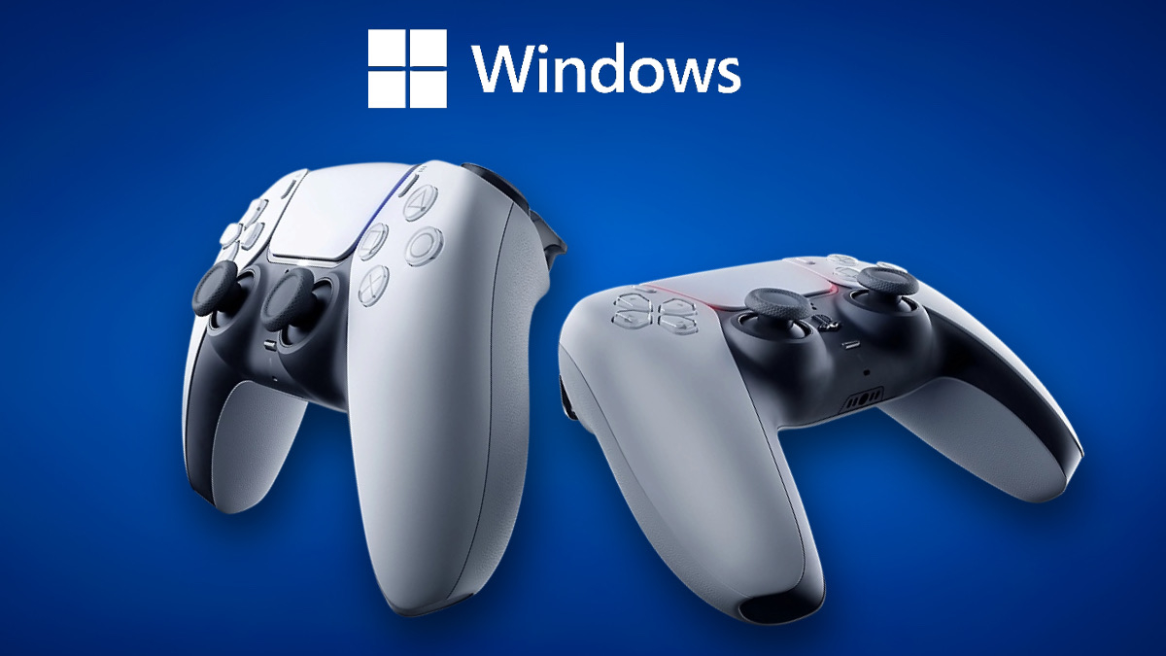 DualSense controllers with the Windows logo above them.