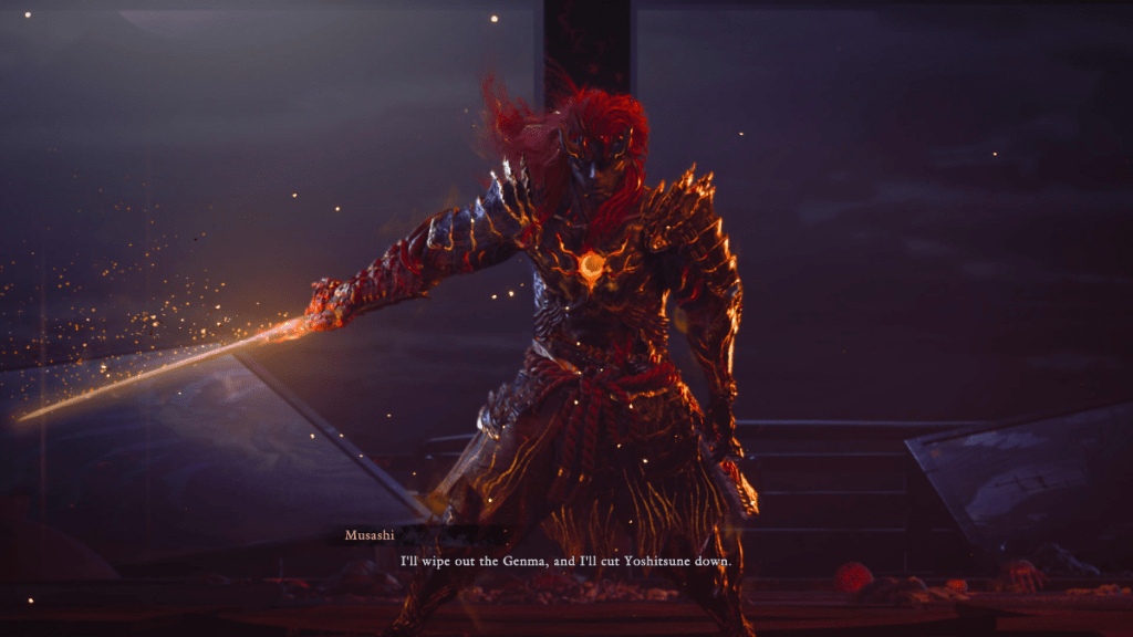 Musashi in his Oni Awakened form in Onimusha: Way of the Sword.