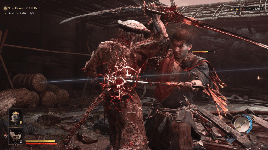 Musashi finishing off Hitotsume Gasa in Onimusha: Way of the Sword.