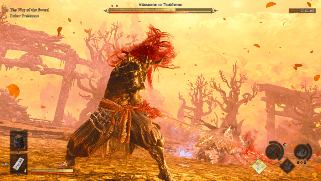 Musashi in his Oni Awakening state battling Yoshitsune's third phase in Onimusha: Way of the Sword.