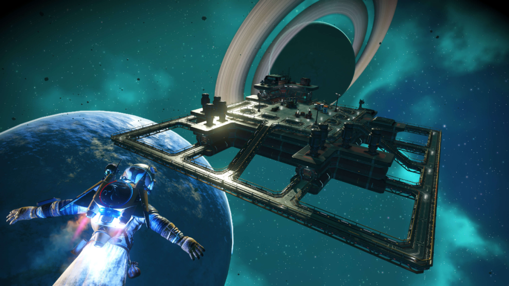 A player establishing orbital platforms and bases in No Man's Sky Cosmos update.