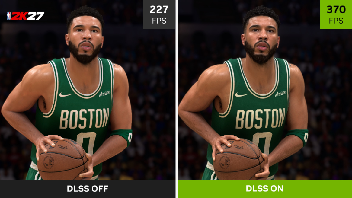 NBA 2K27 comparison with NVIDIA DLSS 5 enabled and disabled.