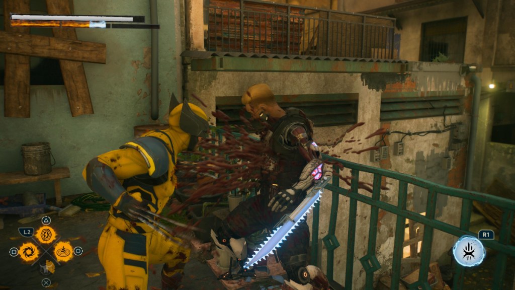 Performing a Barrage on a Reaver in Marvel's Wolverine.