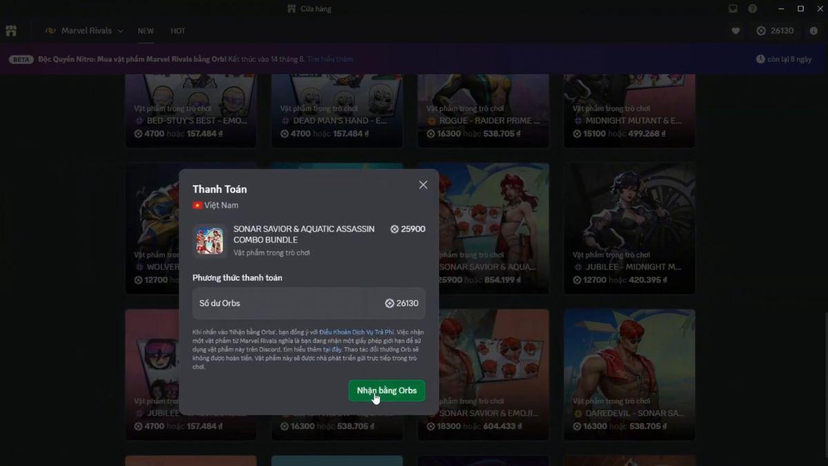purchasing a Marvel Rivals skin using Discord orbs