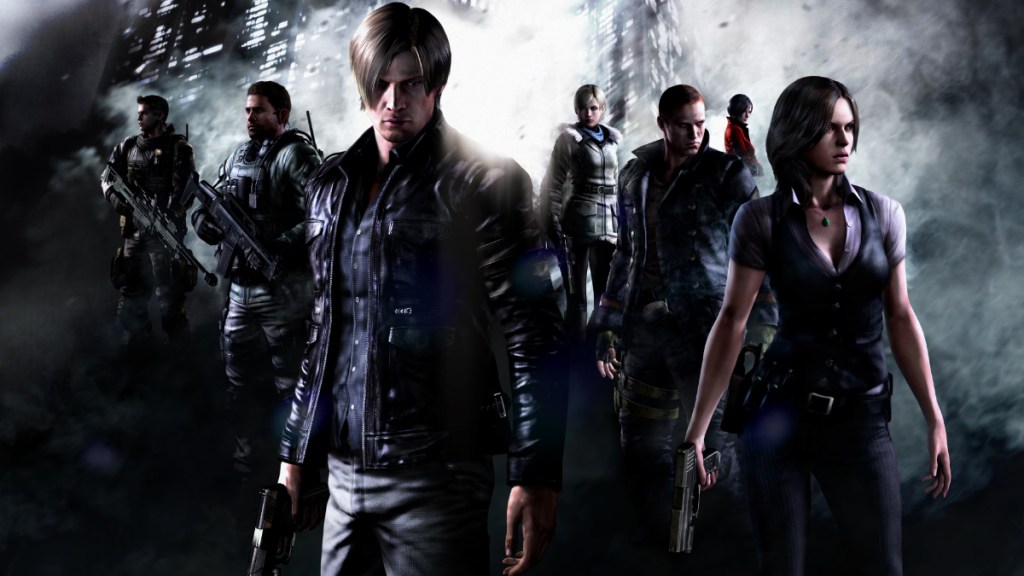 Resident Evil 6 key art with Leon, Helena, Chris, Piers, Jake, Sherry, and Ada.