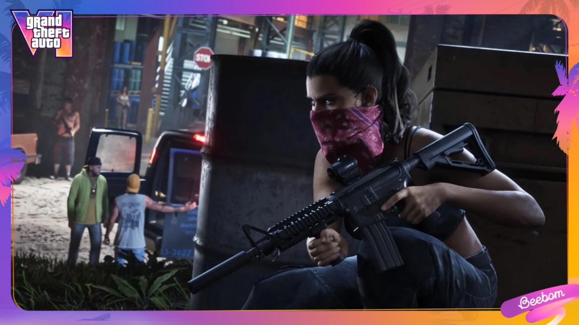 Lucia hiding behind some barrels with an assault rifle in GTA 6.