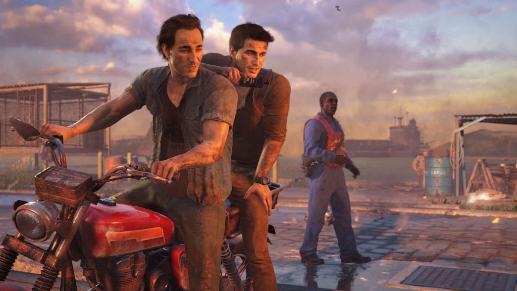 Sam Drake and Nathan Drake on a bike in Uncharted 4: A Thief's End.