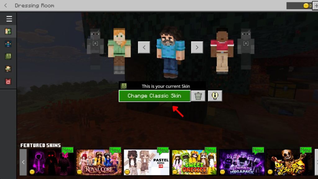 select change skin option on minecraft bedrock