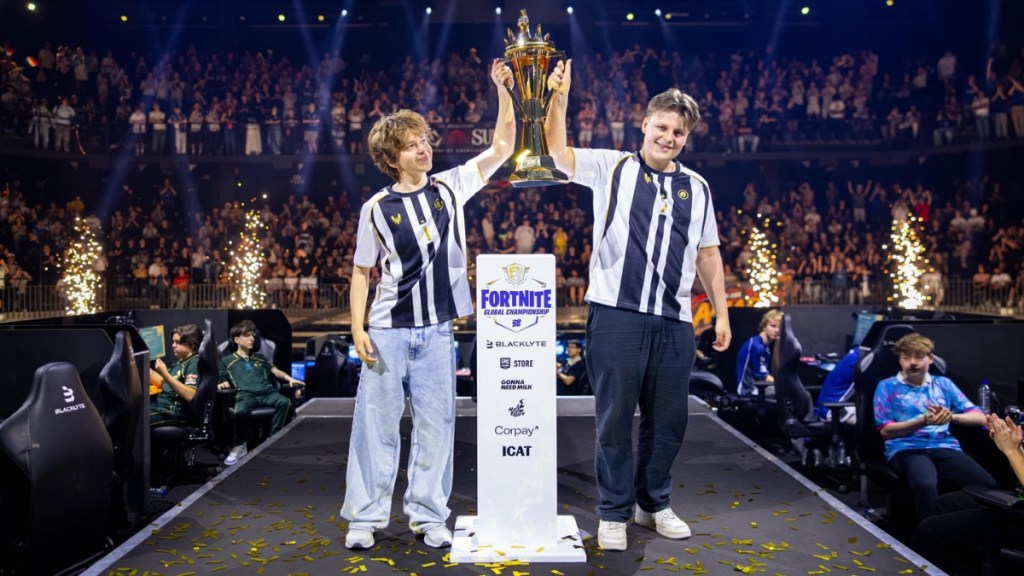 Swizzy and Pixie lifting FNCS 2026 trophy