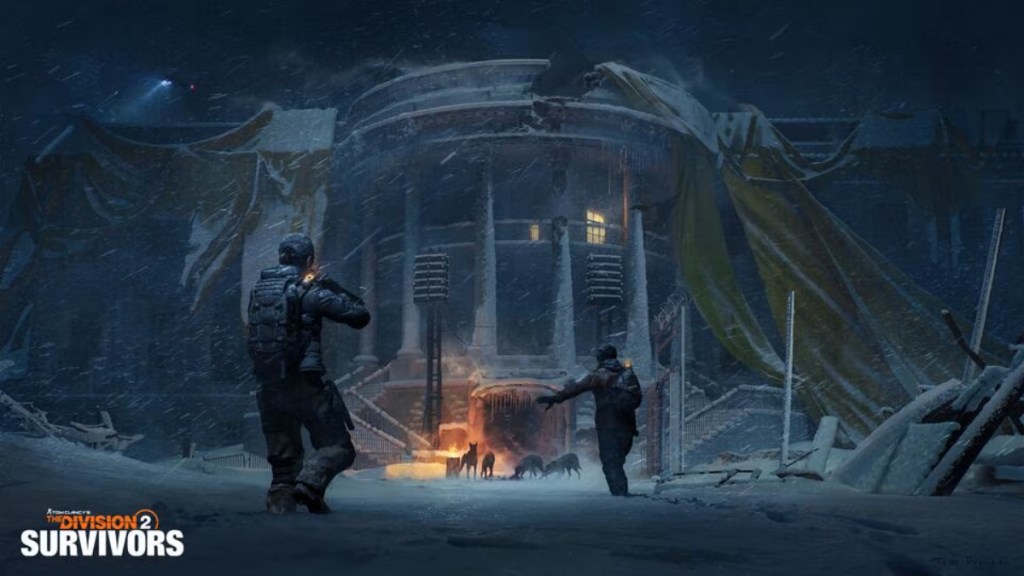 The Division 2 Survivors official in-game screenshot with soldiers on the Washington DC map.