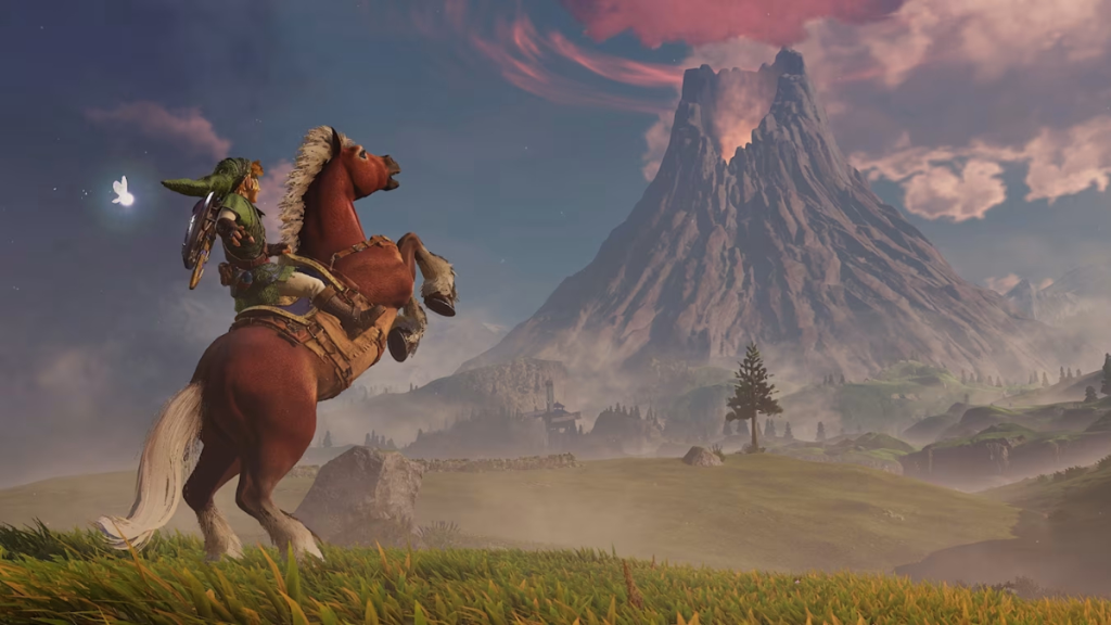 The Legend of Zelda: Ocarina of Time Remake screenshot featuring Link and Epona at the Death Mountain in Hyrule.