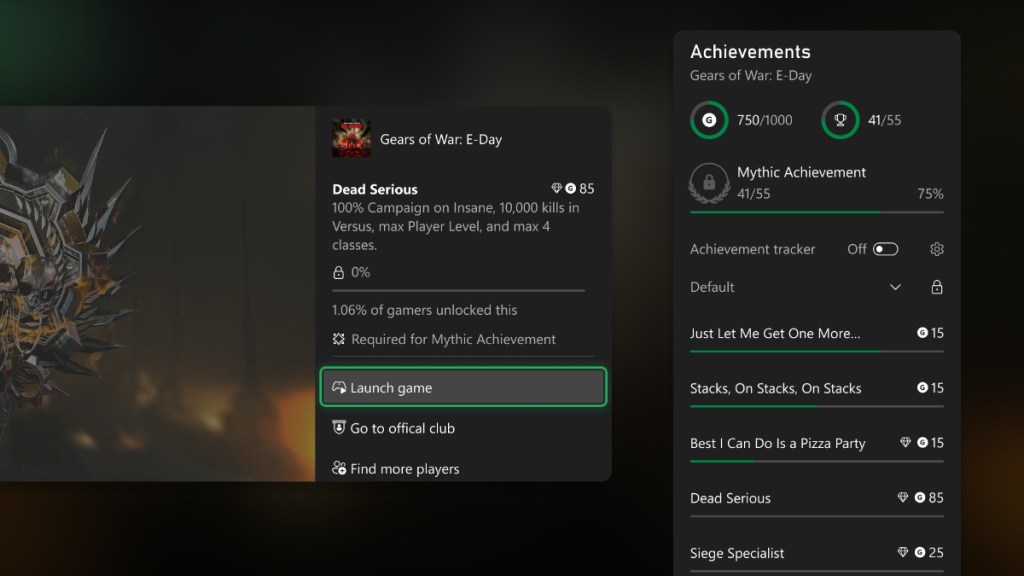 Tracking Gears of War: E-Day Mythic Achievement progress on Xbox.