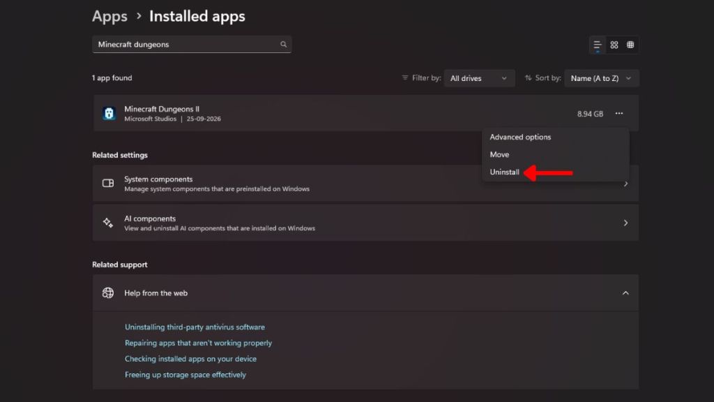 uninstall and reinstall minecraft dungeons 2