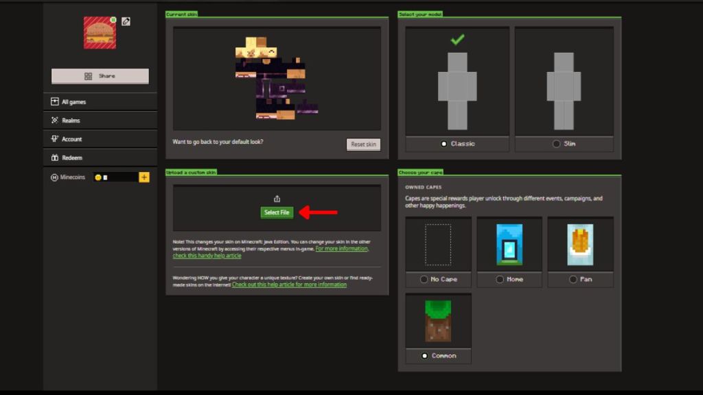 upload the new skin on minecraft account