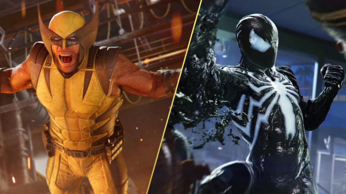 Logan lunging at an enemy in Marvel's Wolverine (left), Spider-Man in his Symbiote Surge state in Marvel's Spider-Man 2.