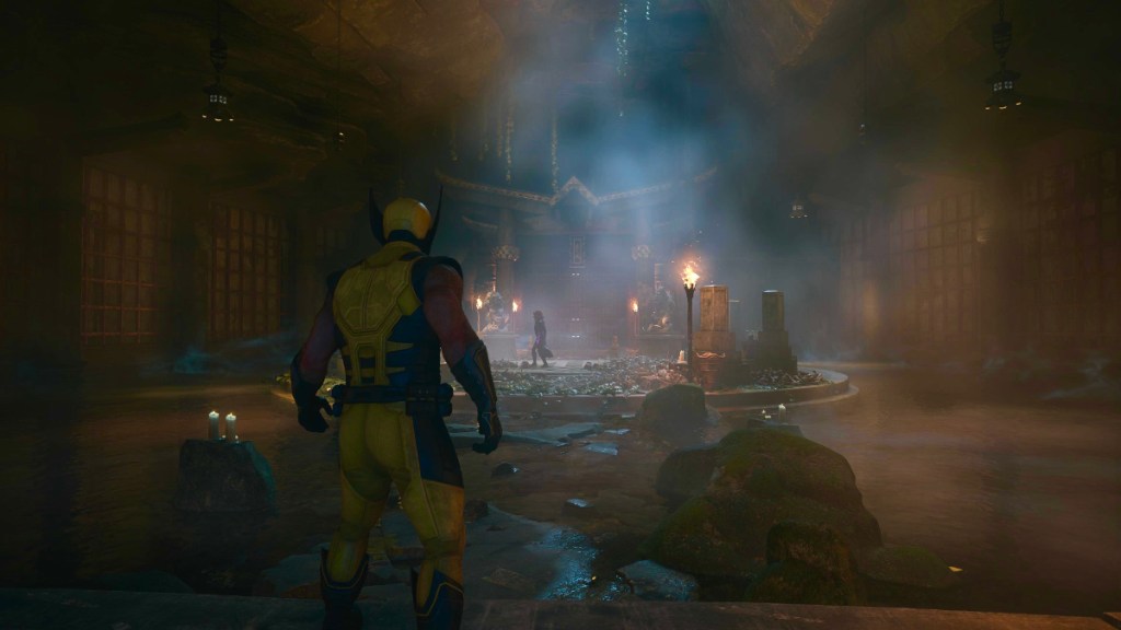Logan inside Deathstrike's lair with Jean in Marvel's Wolverine.