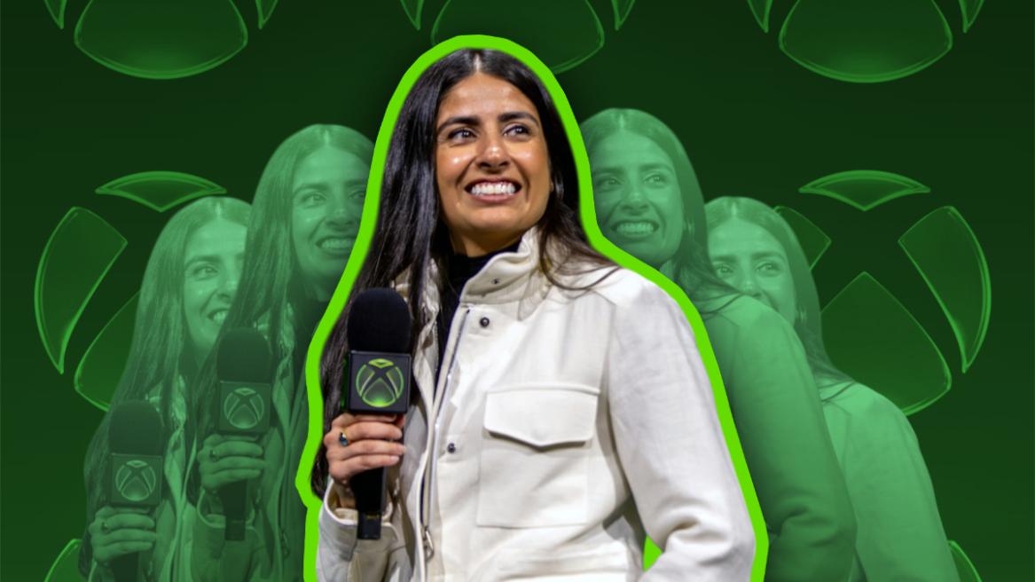 Xbox CEO Asha Sharma on an Xbox background.