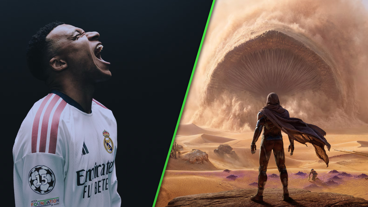 Kylian Mbappe on the EA FC 27 Ultimate Edition cover (left), a Fremen facing a Shai-Hulud in Dune: Awakening (right).