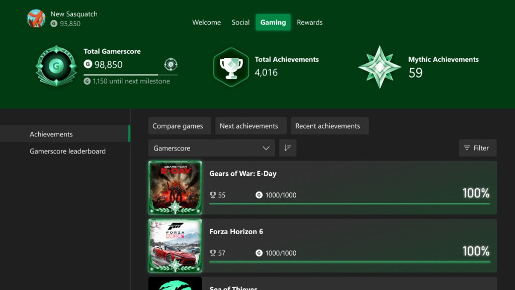 Xbox Mythic Achievement display on an Xbox Insider profile.