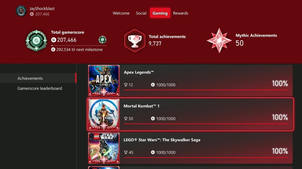 Xbox profile color matching with Mythic Achievements as red.