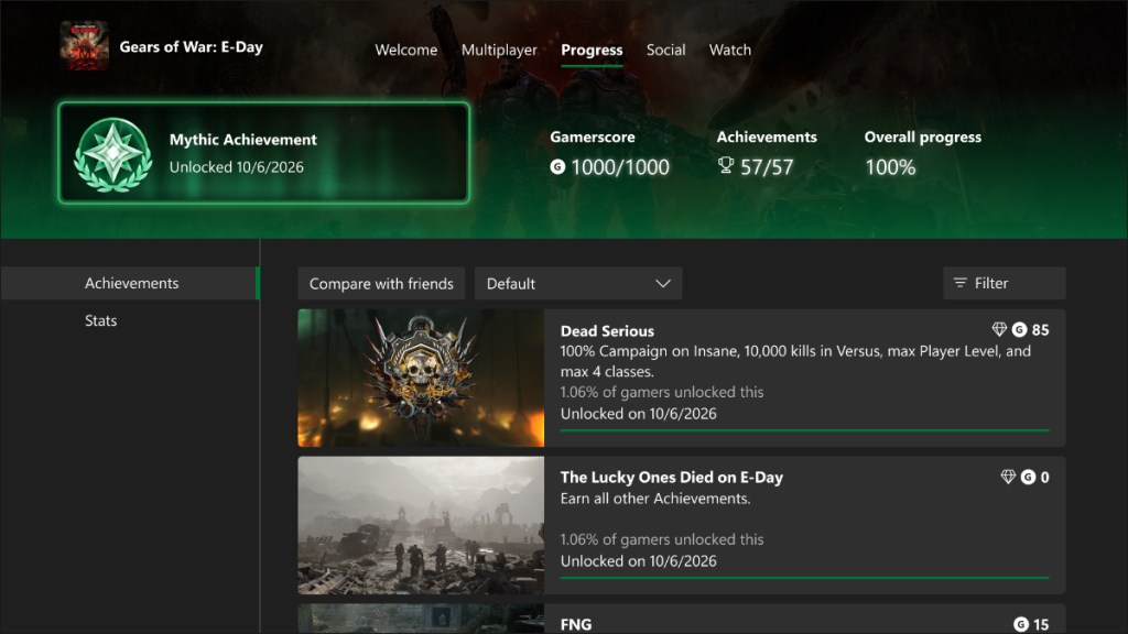 Gears of War E-Day's Mythic Achievement Status showcase for Xbox Insiders.
