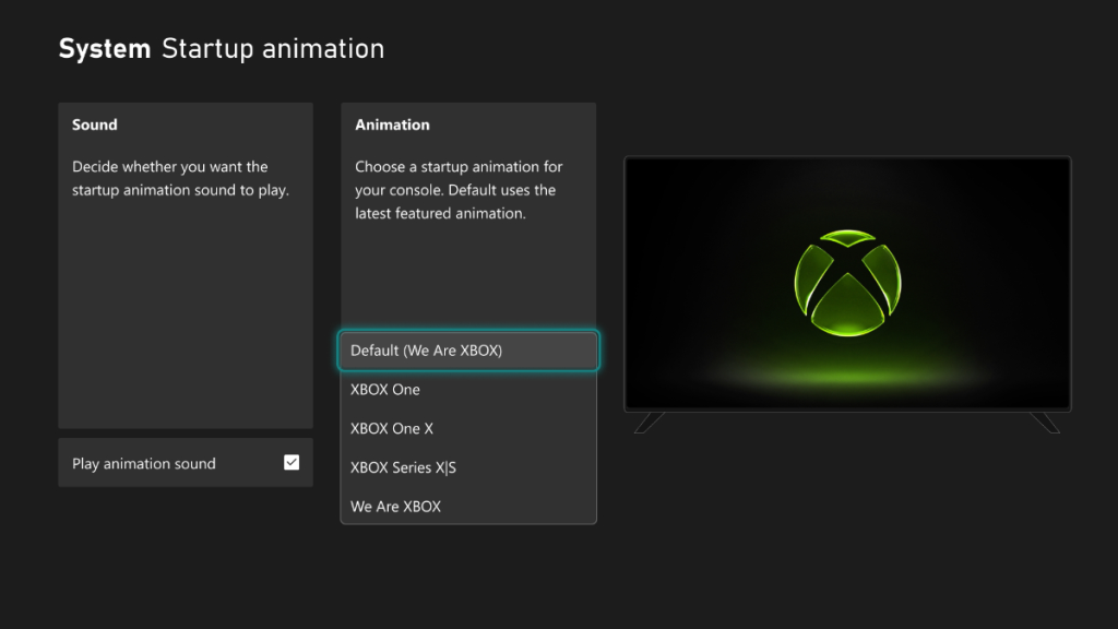 Xbox system startup animation setting on the Series X|S.