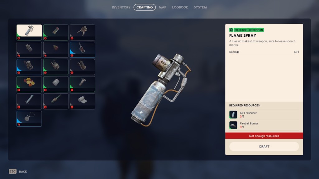 Crafting Flame Spray in-game in Arc Raiders