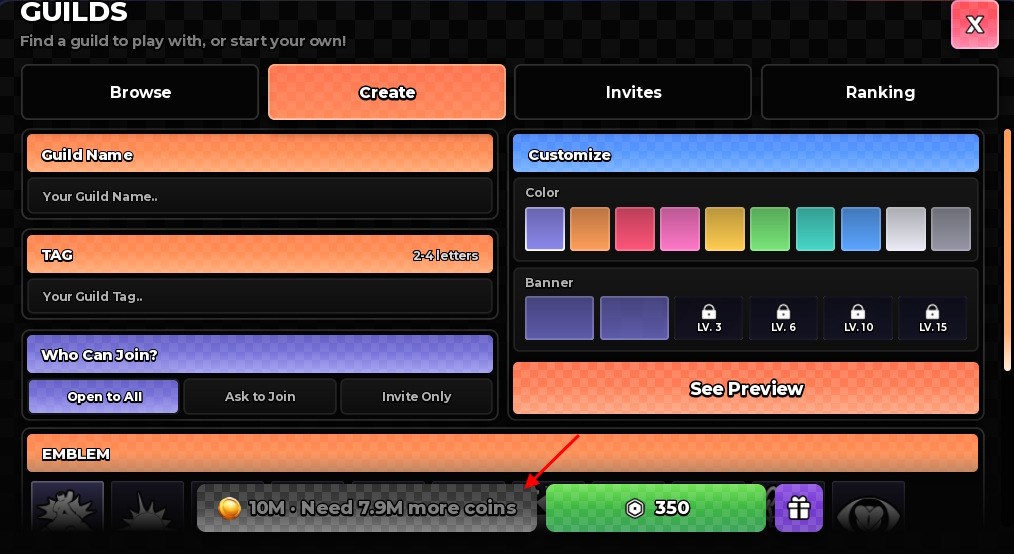 Create guild in Anime Zero