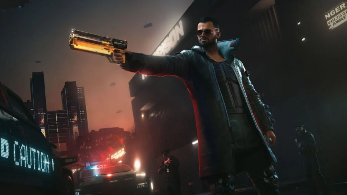 Closeup image of V using a pistol in Cyberpunk 2077